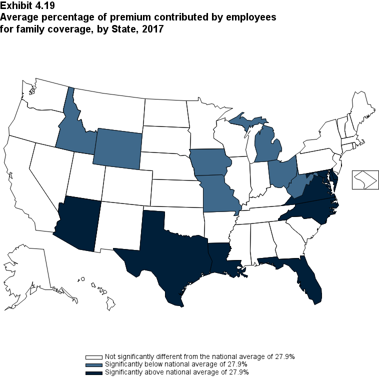 Map with data on the average percentage of premium contributed by employees for family coverage, overall and by State, 2017. Data are provided in the table below.