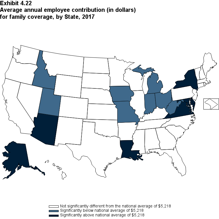 Map with data on the average annual employee contribution (in dollars) for family coverage, overall and by State, 2017. Data are provided in the table below.