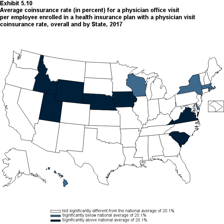 Map with data on the average coinsurance rate (in percent) for a physician office visit per employee enrolled in a health insurance plan with a physician visit coinsurance rate, overall and by State, 2017. Data are provided in the table below.