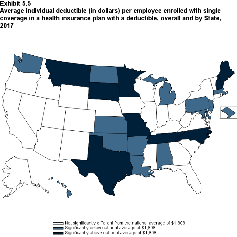 Map with data on the average individual deductible (in dollars) per employee enrolled with single coverage in a health insurance plan with a deductible, overall and by State, 2017. Data are provided in the table below.