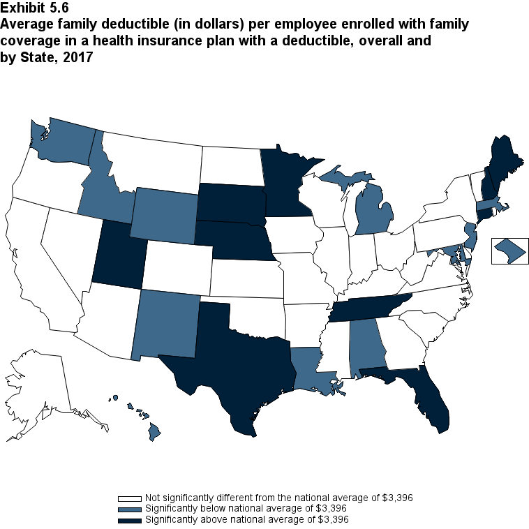 Map with data on the average family deductible (in dollars) per employee enrolled with family coverage in a health insurance plan with a deductible, overall and by State, 2017. Data are provided in the table below.