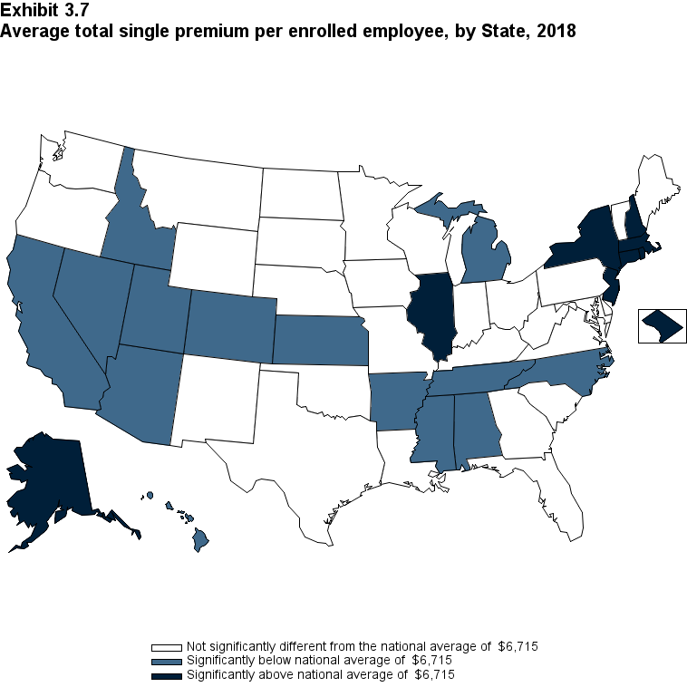 Map with data on the average total single premium per enrolled employee, by State, 2018. Data are provided in the table below.