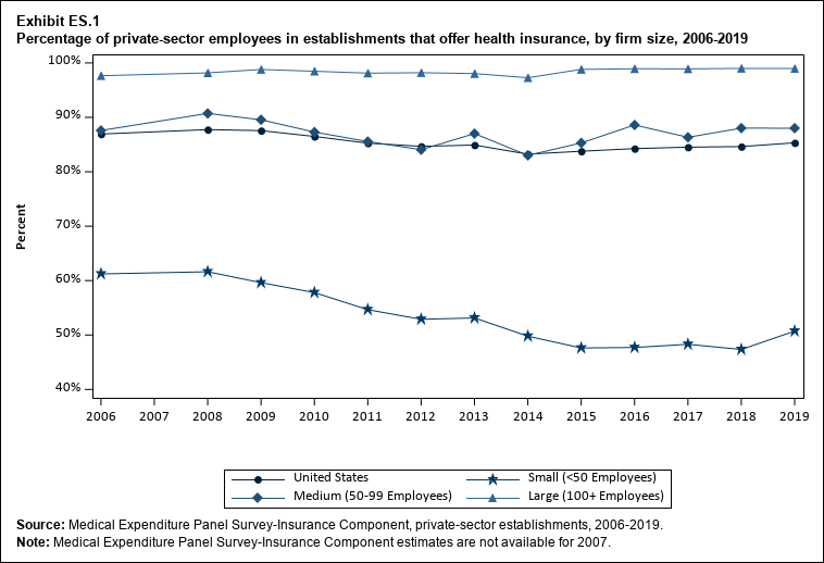 Line graph with data on the percentage of private-sector employees in establishments that offer health insurance, overall and by firm size, 2006 to 2019. Data are provided in the table below.