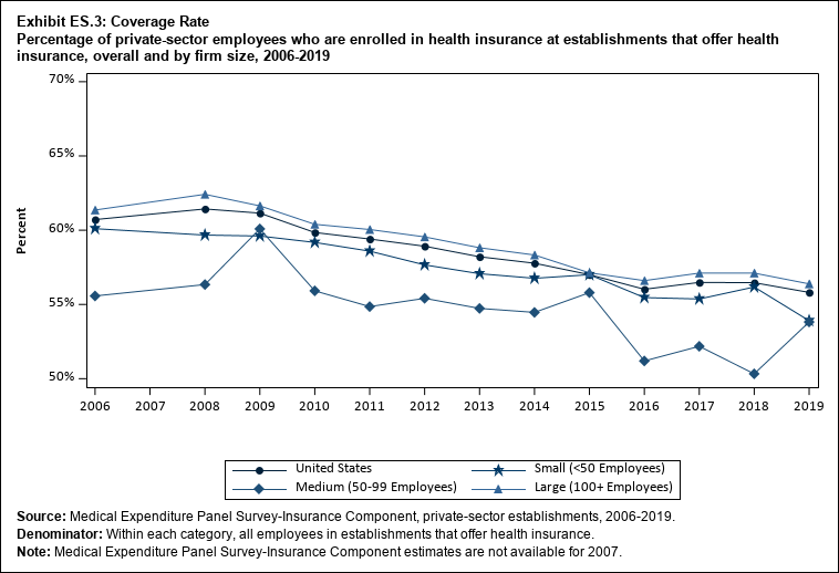 Line graph with data on the percentage of private-sector employees who are enrolled in health insurance at establishments that offer health insurance, overall and by firm size, 2006 to 2019. Data are provided in the table below.