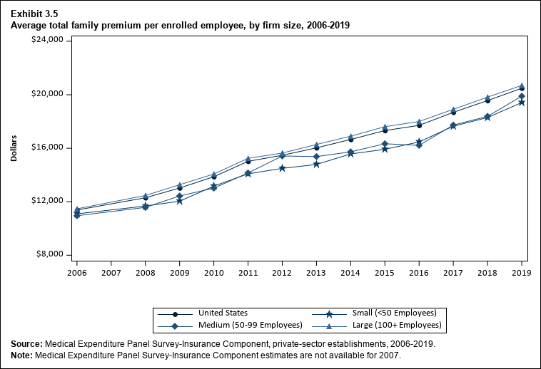 Line graph with data on the average total family premium per enrolled employee, overall and by firm size, 2006 to 2019. Data are provided in the table below.