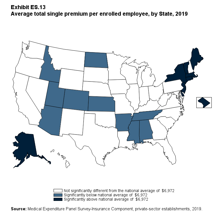 Map with data on the average total single premium per enrolled employee, by State, 2019. Data are provided in the table below.