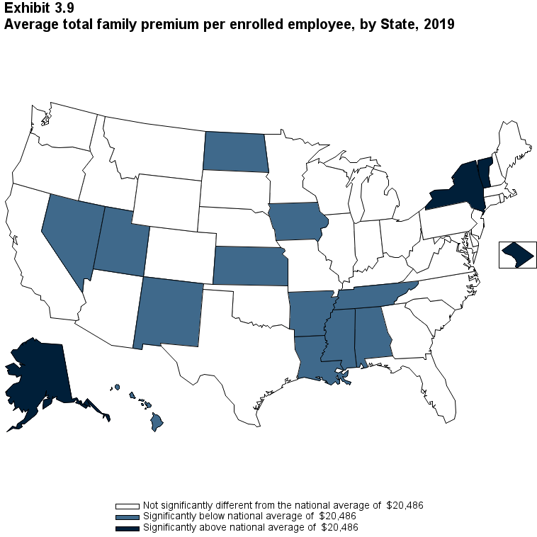 Map with data on the average total family premium per enrolled employee, by State, 2019. Data are provided in the table below.