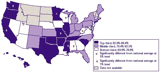 Map 10:Percent enrolled among employees eligible for job-related single insurance coverage, 1996 Small firms