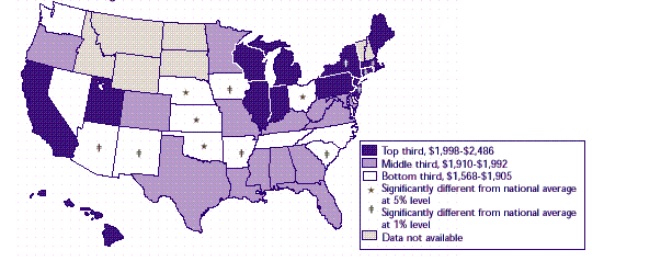 Map 11: Average total premium for job-related single insurance coverage, 1996