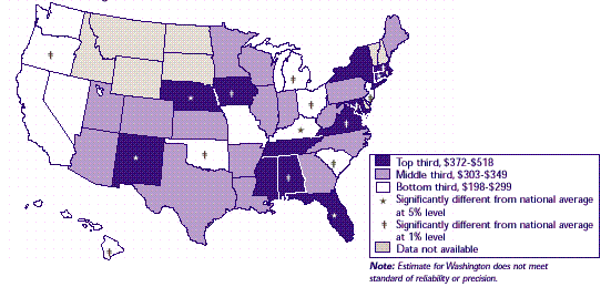 Map 12: Average annual employee contribution for job-related single insurance coverage, 1996