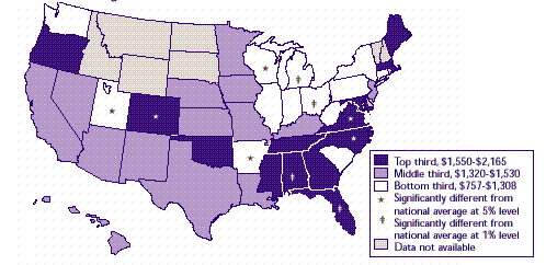 Map 14: Average annual employee contribution for job-related family insurance coverage, 1996