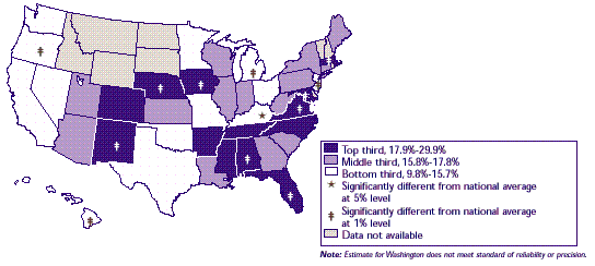 Map 15: Percent of total premium for job-related insurance paid by worker, 1996 Single coverage 