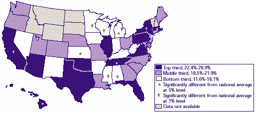 Map 17: Percent that have two or more plans among establishments offering insurance, 1996 