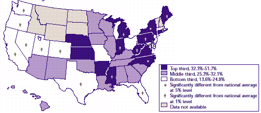 Map 18: Percent that have at least one conventional indemnity plan among establishments offering insurance, 1996