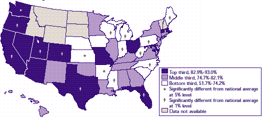 Map 19: Percent that have at least one managed care plan among establishments offering insurance, 1996