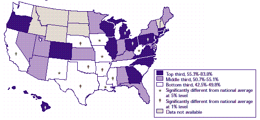 Map 2: Percent of private-sector establishments offering health insurance, 1996