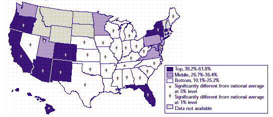 Map 20: Percent that have at least one exclusive provider plan among establishments offering insurance, 1996 