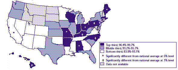 Map 3: Percent of establishments offering health insurance, 1996 Large firms 