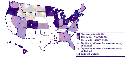Map 4: Percent of establishments offering health insurance, 1996 Small firms