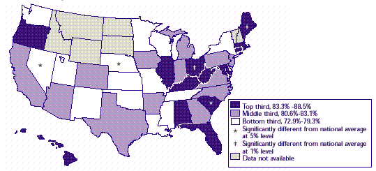 Map 5: Percent of employees eligible for insurance in establishments offering health insurance, 1996 