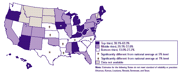 Map 7: Percent of employees eligible for insurance in establishments offering health insurance, 1996 Part time