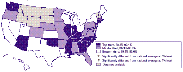 Map 9: Percent enrolled among employees eligible for job-related single insurance coverage, 1996 Large firms 