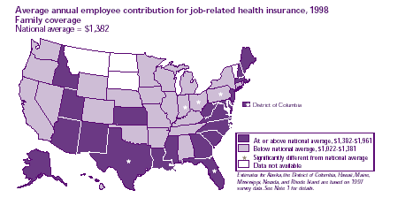 Average annual employee contribution for job-related health insurance, 1998 family coverage (National Average = $1,382)  Refer to text conversion table below for details.