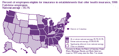 Percent of employees eligible for insurance in establishments that offer health insurance, 1998 full-time employees (National Average = 85.1%)  Refer to text conversion table below for details.