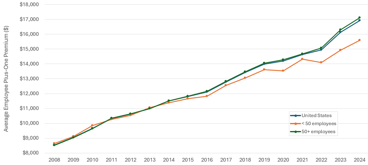 Figure displays: Average total employee plus-one premium per enrolled private-sector employee, overall and by firm size, 2008-2024