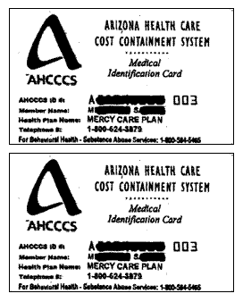 Sample of Medicaid Card for the state of Arizona