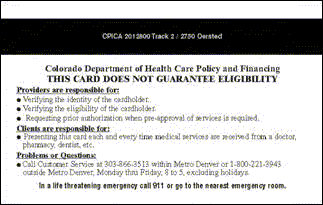Sample Medicaid Card for the state of Colorado back side
