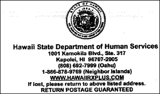 Sample Medicaid Card for the state of Hawaii back side