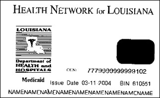 Sample Medicaid Card for the state of Louisiana front side