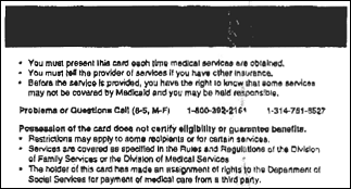 Sample of Medicaid Card for the state of Missouri back side