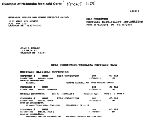 Sample of Medicaid Card for the state of Nebraska front side1