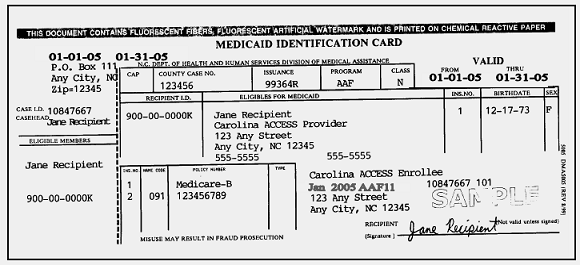 Sample of Medicaid Card for the state of North Carolina