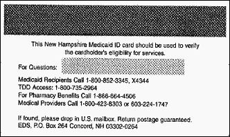 Sample of Medicaid Card for the state of New Hampshire back side