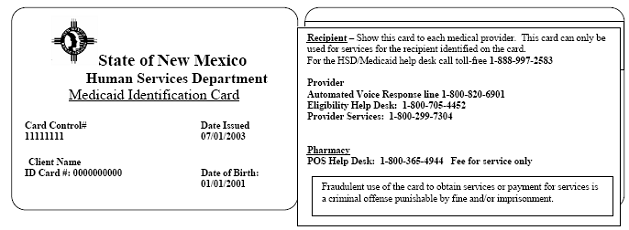Sample of Medicaid Card for the state of New Mexico