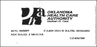 Sample of Medicaid Card for the state of Oklahoma front side
