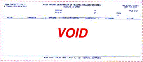 Sample Medicaid Card for the state of West Virginia front side