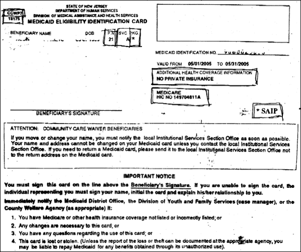 Sample of Medicaid Card for the state of New Jersey