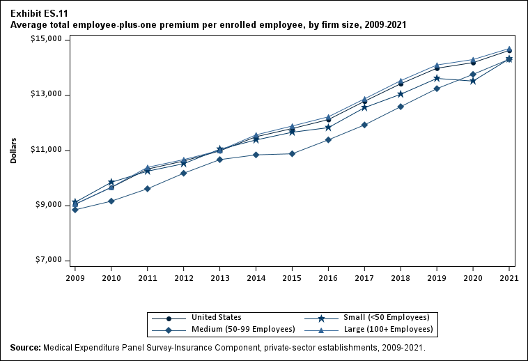 Average total employee-plus-one premium (standard error) per enrolled employee, by firm size, 2009-2021