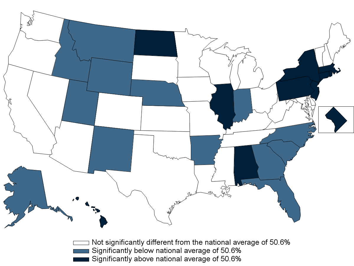Percentage of private-sector employees in establishments that offer health insurance, by State, firm size <50 employees, 3-year average, 2019-2021