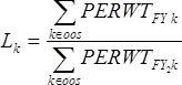 L sub k equals sum of Per Weight sub F Y sub k with k belongs to o o s over sum of Weight P R superscript asterisk sub F Y sub 2 k with k belongs to o o s 