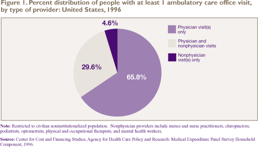 Figure 1. Percent distribution of people with at least 1 ambulatory care office visit, by type of provider, United States, 1996