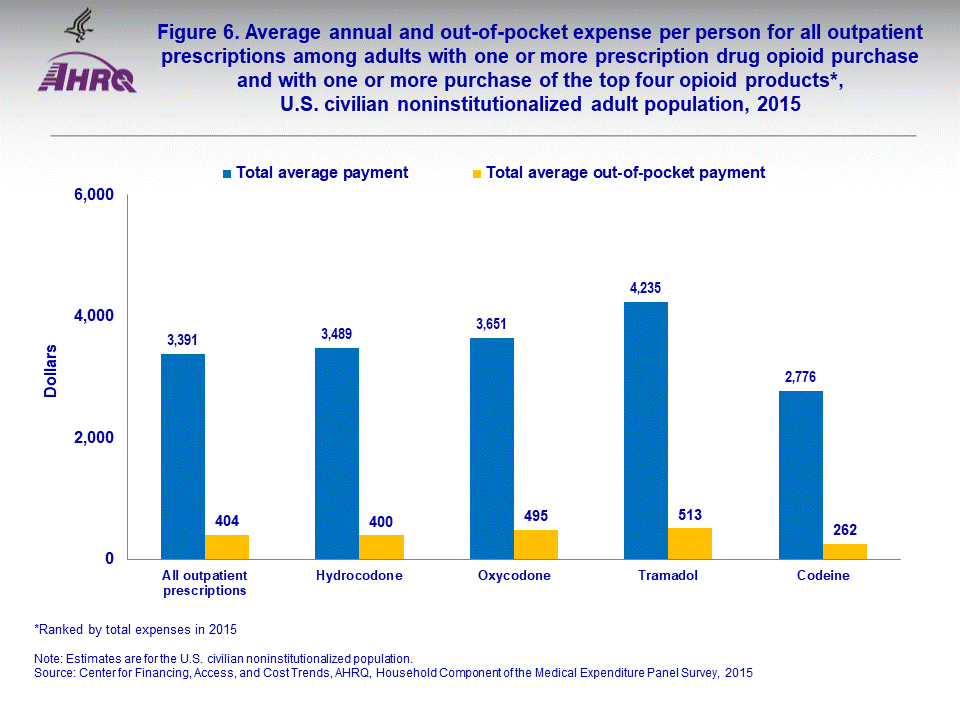 The figure contains values of average annual and out-of-pocket expense per person for all outpatient prescription opioids and the top four opioid products* among adults with one or more prescription drug purchase in U.S. civilian noninstitutionalized adult population, 2015; Figure data for accessible table follows the image