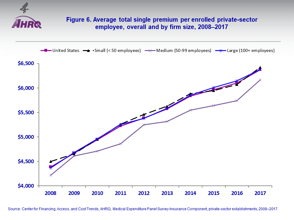 The figure contains the average total single premium per enrolled private-sector employee, overall and by firm size, 2008–2017