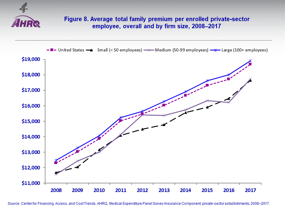 The figure contains the average total family premium per enrolled private-sector employee, overall and by firm size, 2008–2017