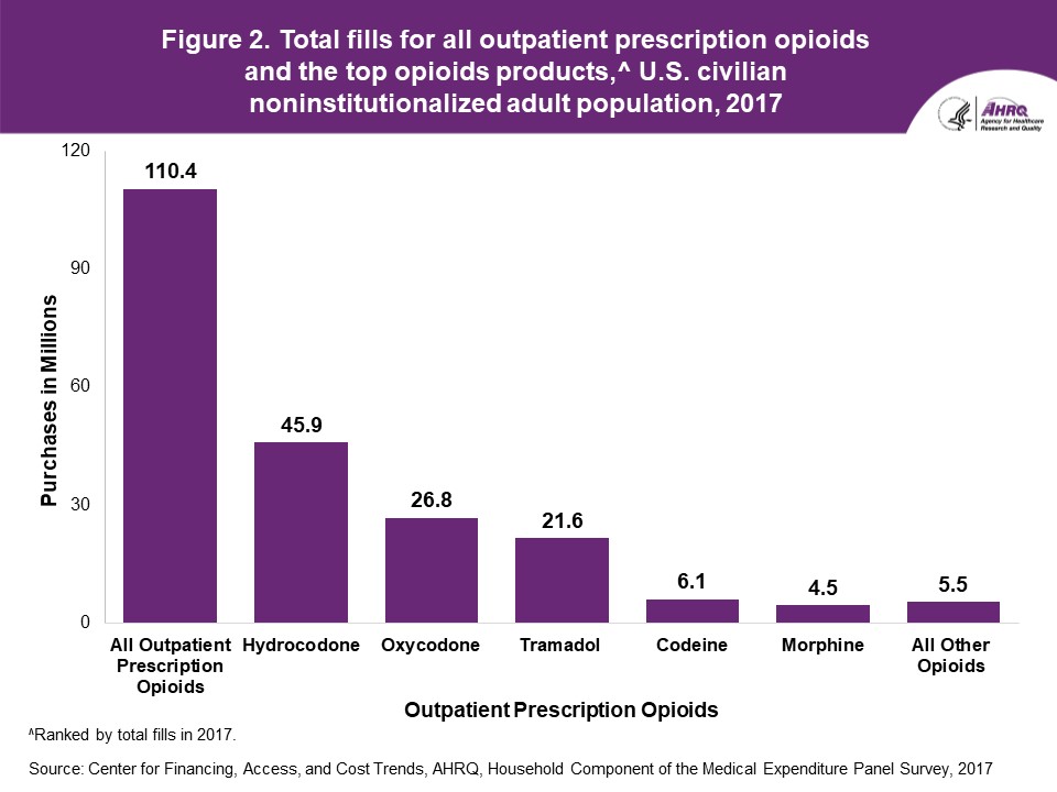 The figure contains values of total outpatient prescription opioid purchases for all opioids and the top four opioid products* in U.S. civilian noninstitutionalized adult population, 2017; Figure data for accessible table follows the image