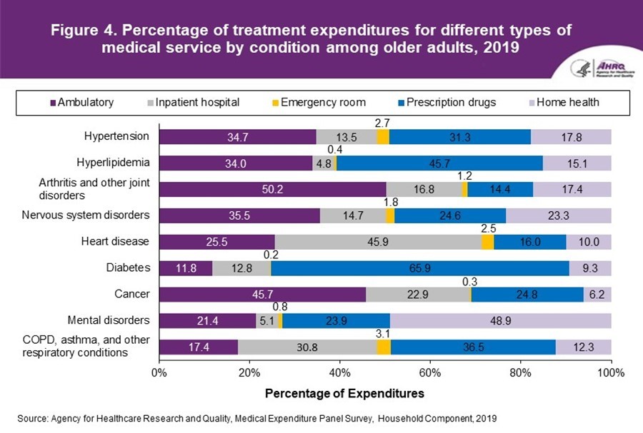 Figure displays: Percentage of treatment expenditures for different types of medical service by condition among older adults, 2019